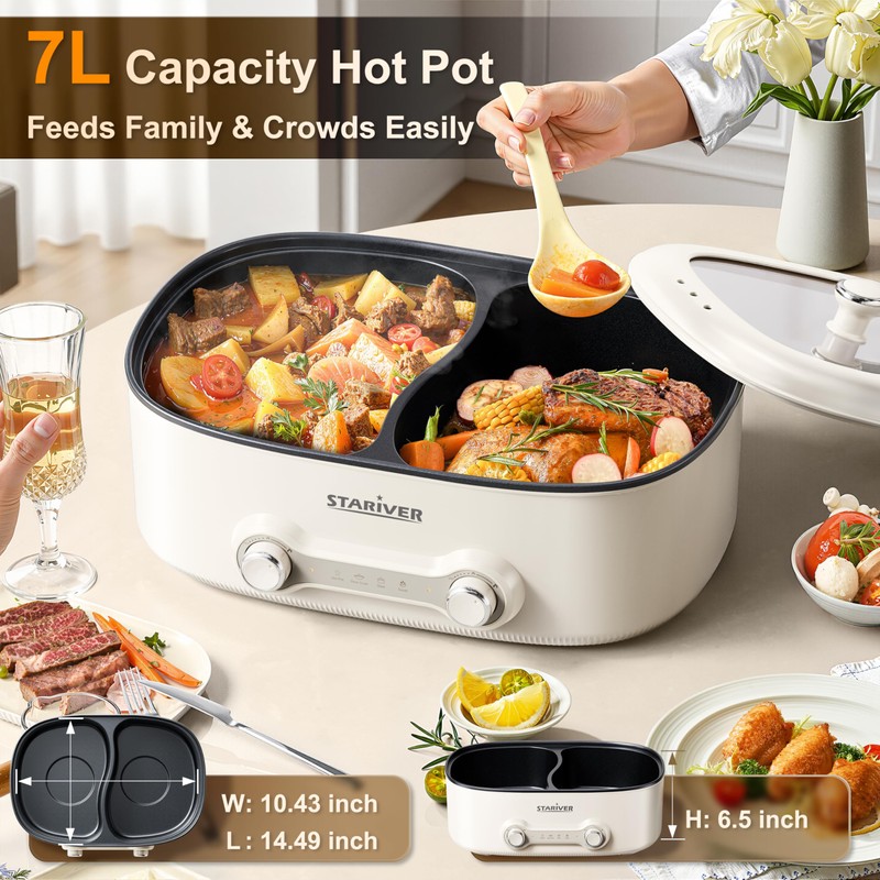 Stariver 7L Electric Hot Pot with Divider, 1200W Electric Pot,