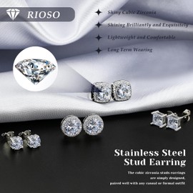 RIOSO 8 Pairs Stainless Steel Stud Earrings for Men Women Silver Black Hypoallergenic Square Ear Studs Inlaid Cubic Zirconia Men’s Earrings Set