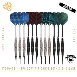 Shot Taker Co. Plastic Tip - Soft Tip Darts Set - 12 Pcs with 100 Extra Dart Tips 24 Flights Flight Protectors and Wrench for Electronic Dart Board (Silver-10472)