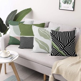 ASDCXZ Cushion Cover 40 x 40 cm Set of 4 Modern Abstract Leaves Line Green White Black Sofa Decorative Cushion Covers Cushion Covers Washable Polyester Flax Textile Outdoor Pillowcase Cushion Cover