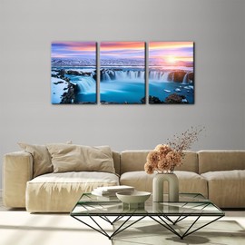 Pacimo 3 Pieces Canvas Wall Art Tropical Waterfall Pastel Sunset Horizon Pictures Prints Nature Landscape Modern Artwork for Walls Painting Home Office Wall Decor Framed Ready to Hang - 12"x16"x3