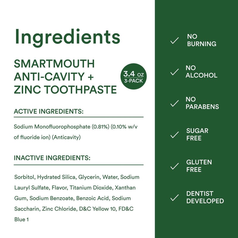 SmartMouth Premium Zinc Ion Toothpaste, Cavity, Enamel, and Plaque Help,