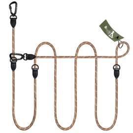 BLUZELLE Adjustable Dog Lead 3 m, Medium and Large Dogs, Free Handle Double Lead for 2 Dogs, 2 Strong Aluminium Carabiners, Reflective Paracord Lead with Leather Accents, Colour: Khaki