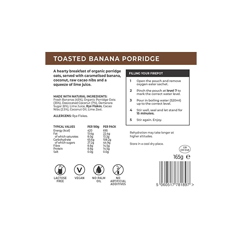 Firepot Toasted Banana Porridge (Extra-large) - Healthy VEGAN Dehydrated Expedition