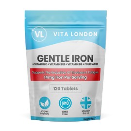 Iron Tablets | Gentle Iron Supplements for Women & Men | 120 Gentle Iron 14mg Tablets High Strength | Added Vitamin C, B12, B6 + Folic Acid | UK Made, Vegan