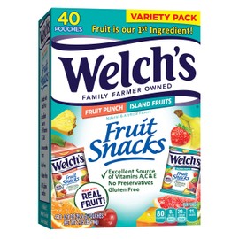 Welch's Fruit Snacks, Fruit Punch & Island Fruits Variety Pack, Gluten Free, Bulk Pack, 0.9 oz Individual Single Serve Bags (Pack of 40)