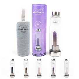 Myga Amethyst Crystal Water Bottle - 500ml Glass Drinks Bottle with Natural Healing Crystal & Neoprene Sleeve for Wellness & Self-Care - Gemstone: Amethyst