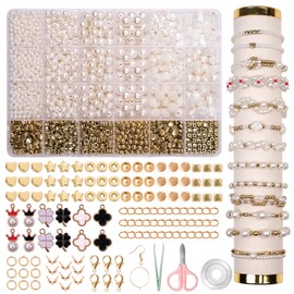 JHWELRG Pearl White Bracelets Make Your Own Beads Set for Crafts, Beads for Threading Charm Four Leaf Clover Chains Jewellery Making Gift Idea for Parties, Christmas, Holidays