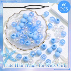NAISKA 60Pcs Blue Acrylic Beads for Hair White Clear Hair Beads for Kids Girls Cute Small Pony Beaded Hair Clips Toddler Dreadlock Beads Loc Beads Hair Jewelry for Women Braid Clips Accessories