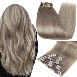 Full Shine Short Clip in Hair Extensions Human Hair Grey Blonde 12 Inch Double Weft Clip in Extensions for Women Balayage Remy Hair Extensions Real Human Hair 7 Pcs 95 G