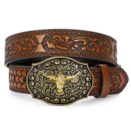 LEACOOLKEY Western Cowboy Leather Belt for Men Longhorn Bull Buckle Belt 1.5" Wide Floral Engraved Embossed Leather Belt