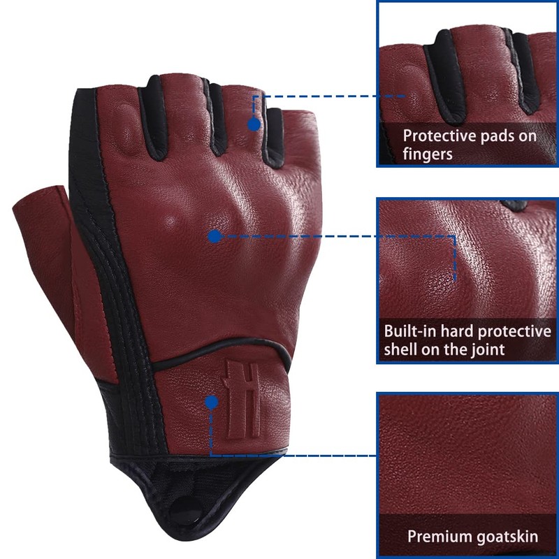 Harssidanzar Mens Gloves Half Finger Goatskin Leather Motorcycle Gloves GM037UK,