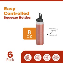 6 Pack Condiment Squeeze Bottles - 8 Oz Squirt Bottles with Leak Proof Snap Cap, Easy Pour Sauce Bottles for Liquids, Ketchup, Oil