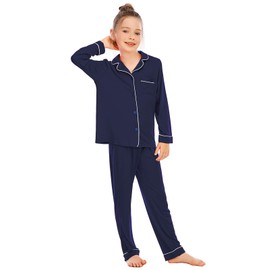 Veseacky Unisex Girls Boys Long Sleeve Sleepwear Button Down 2 Piece Pajama Set for 5-14 Years, navy