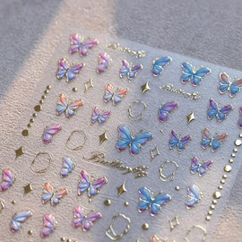 Butterfly Nail Art Stickers Decals 5D Embossed Jelly Butterfly Nail Stickers Self Adhesive Gold Line Star Nail Decals Cute Purple Blue Butterflies Design Manicure Slider for Women DIY Nail Decoration