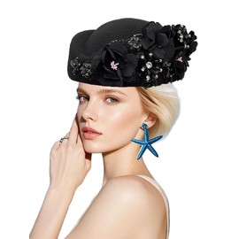 Petaluna Women's Flower Beret Suitable for Church Wearing Elegant Breathable Stewardess Hat Wedding and Party Retro French Headdress (Black, 22.44in-22.83in Freely Adjustable)