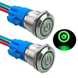 Aiqeer 2 Pcs 19 mm Self-locking Latching Push Button Switch, 12V / 24V 5A Car Ignition Starter Switch, IP67 Waterproof Stainless Steel Push Button Switch, with Pre-Wired Socket (Green LED)