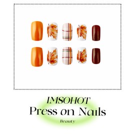 IMSOHOT Fall Press on Nails Square Short Fake Nails Orange Golden Glitter False Nails with Maple Design Full Cover Glossy Acrylic Glue on Nails for Women Manicure Tips