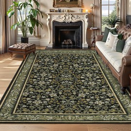 GarveeHome Washable Rug 9x12 Area Rugs for Living Room, Boho Rug Non Slip Vintage Low Pile Large Rugs for Bedroom, Dining Room, Stain Resistance Non-Shedding Accent Carpet for Office, Green Black