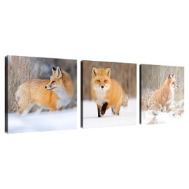 Foxes Hunt in the Snow Canvas Wall Art Wildlife Decor Red Fox Pictures on Canvas Wall Art for Home Office Decorations Living Room Bedroom and Kitchen Decor 3 Pcs Framed Canvas Prints 16X16inches