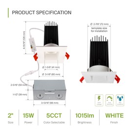 ASD 2 Inch LED Recessed Lighting, 15W 120V Square LED Downlight, 5 CCT 2700K-5000K, Canless Dimmable LED Downlights for Ceiling with J-Box, Smooth Reflector, CRI 90+, IC Rated, ETL, Energy Star, White