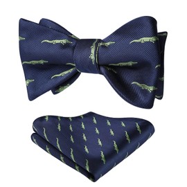 HISDERN Bow Ties for Men Self Tie Navy Blue Bowties Pocket Square Woven Silk Animal Crocodile Bowtie Handkerchief Set Fun for Wedding Party