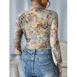 Floerns Women's Long Sleeve See Though Sheer Mesh Crop Tee Tops, Light Green, X-Large