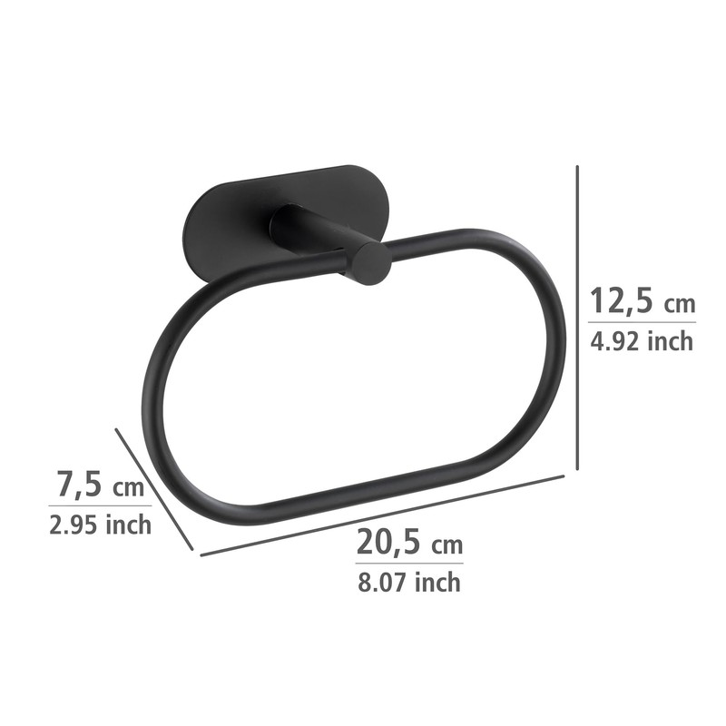 WENKO Turbo-Loc Orea Black Matt Towel Ring, No Drilling Required,