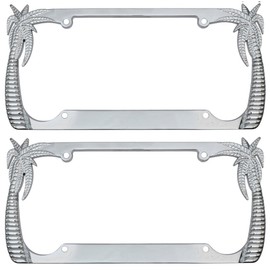 BDK Chrome Plated Rust-Proof Die-Cast Stainless Metal License Plate Frame/Holder Universal Size - Island Vibes/Palm Trees (Pack of 2)