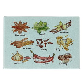 Lunarable Cinnamon Cutting Board, Flavoring Plants in Watercolor Effect and Names Calligraphy Seasoning Foods, Decorative Tempered Glass Cutting and Serving Board, Small Size, Multicolor