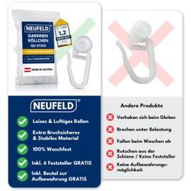 NEUFELD® 120 Curtain Rollers For Inner Track Rails (including 6 Locks) I Washable Curtain Rollers I Curtain Hook Glider [8 mm Standard Size]