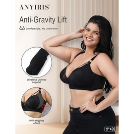 ANYIRIS Women's Plus Size Wireless Unlined Push Up Bras, Large Breast Support Lift Anti Gravity Plunge Wirefree Everyday Bra, Deep V Neck No Underwire Comfortable Minimizer Bras for Women- 40C Black