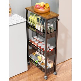 OKZEST Utility Slim Storage Cart, 4 Tier Small Rolling Kitchen Laundry Room Cart with Wood Top, Metal Narrow Bathroom Storage Cabinet Mobile Shelf Unit Organizer Trolley with Handle for Narrow Space