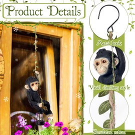 Rossesay Solar Light Outdoor Monkey Statues Black 13.78 Inch Resin Chimpanzee Baby Monkey Climbing on Vine with LED Lantern Waterproof Hanging Figurine with Hook for Yard Garden Wall