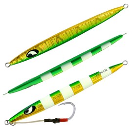 OCEAN CAT Fast Slow Metal Lead Jig Jigging Fishing Lures Glow Saltwater Offshore Fishing Jigs Speed Jigging Slow Jigging Pitching Lures Vertical Jigging Assist Hooks (#012: Green&Gold, 120g)