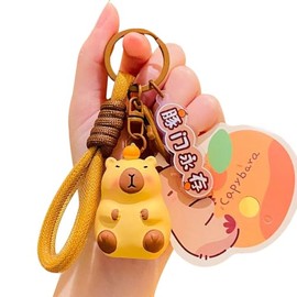 HSYHERE Men Women Interesting Funny Cute Stylish Wearing Strawberry Hat Calm Down Peaceful Capybara Keychain Key Ring, Valentine Lover Christmas New Year Gift Bag Pendant -Taking Orange Hat