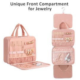 HBlife Travel Toiletry Bag with Jewelry Organizer for Women, Puffy Hanging Travel Bag for Toiletries with Trolley Belt, Waterproof Makeup Cosmetic Bag, Carry-on Travel Accessories Essentials(Pink, M)