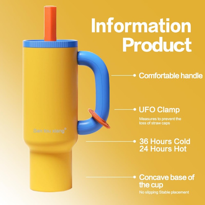 40 oz Insulated Tumbler with Handle & Straw, Stainless Steel