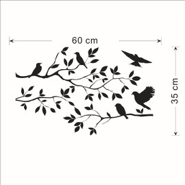 RETON Birds on Tree Branch Wall Decal, Removable Vinyl Black Birds Leaves Wall Stickers, 60 cm x 35 cm Tree Branch Wall Decals for Bedroom Living Room