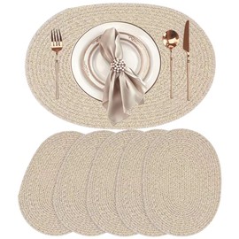 Oval Woven Placemats Set of 6, 17x13 Inches Non-Slip Heat-Resistant Placemats for Dining Room, Thick Hot Pads for Farmhouse Kitchen Table Decor (Brown)