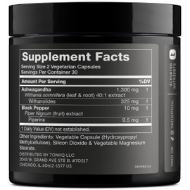Toniiq Ashwagandha - Ultra High Potency 40:1 Extract with 25% Withanolides - Wild Harvested in India - Highly Concentrated & Third-Party Lab Tested - 60 Capsules