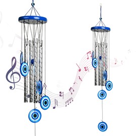 Wind Chime for Home Décor, 27-Inch Evil Eye Wind Chime with 5 Silver Pipes for Positive Energy, Wall Hanging, Living Room, Balcony & Garden, Indoor and Outdoor, Housewarming Gift