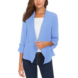 Women's Ruched Sleeve Lightweight Thin Chiffon Blazer(S,Light Blue)