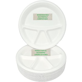 4 COMPARTMENT LARGE 11" PREMIUM QUALITY STRONG DISPOSABLE PLATES PACK OF 25, Ecofriendly Biodegradable Plates for HOT & COLD Foods DISPOSABLE LUNCH PLATES, Disposable Dinner Plates