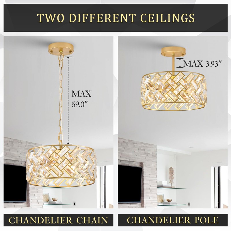 CATINER Modern Gold Crystal Chandeliers, Small Semi Flush Mount Chandelier