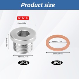 2 Pack M18x1.5 Sensor Plug Inner Hex Head with Red Copper O-Ring,304 Stainless Steel Thread Inner Hex Head Plug for Car,Truck,Motorcycle,ATV,UTV,Other Transportatin