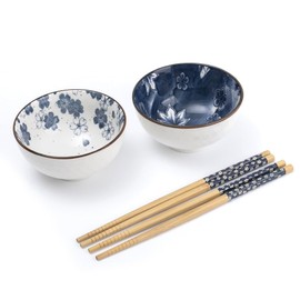 lachineuse - Set of 2 Chinese Bowls, Flower Design, Blue, ⌀ 11 cm - Rice Bowls, Breakfast, Appetizer & Soup - 2 Pairs Chopsticks - Asian Bowl Japanese Asia - Japanese Gift