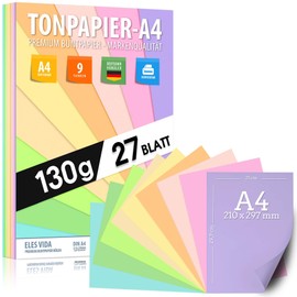 Pastel Coloured Drawing Paper DIN A4 27 Sheets - 130 g - 9 Colours - Solid Paper - Coloured Pastel Sheets for School, Hobby - Children & DIY Sheets, Craft Accessories - Gifts, Coloured Paper Pastel