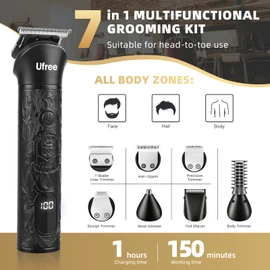 Ufree Beard Trimmer for Men, Electric Razor Shavers, Cordless Hair Clippers, 7 in 1 Beard Grooming Kit for Mustache, Body, Nose and Facial, Gifts for Men