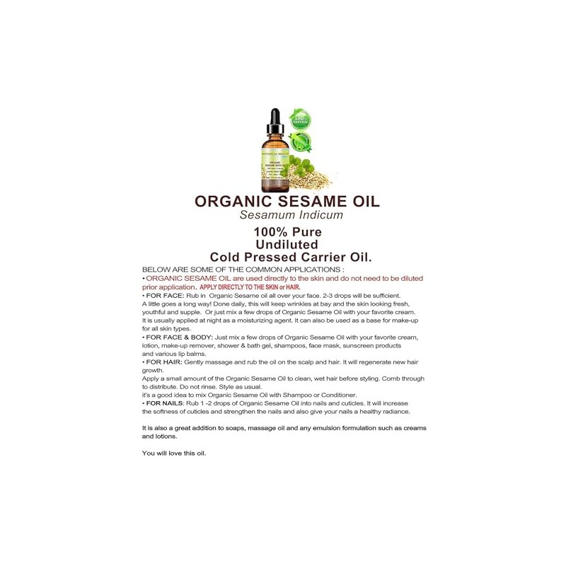 ORGANIC SESAME OIL, 100% Pure/Undiluted / Cold Pressed. 2oz -60